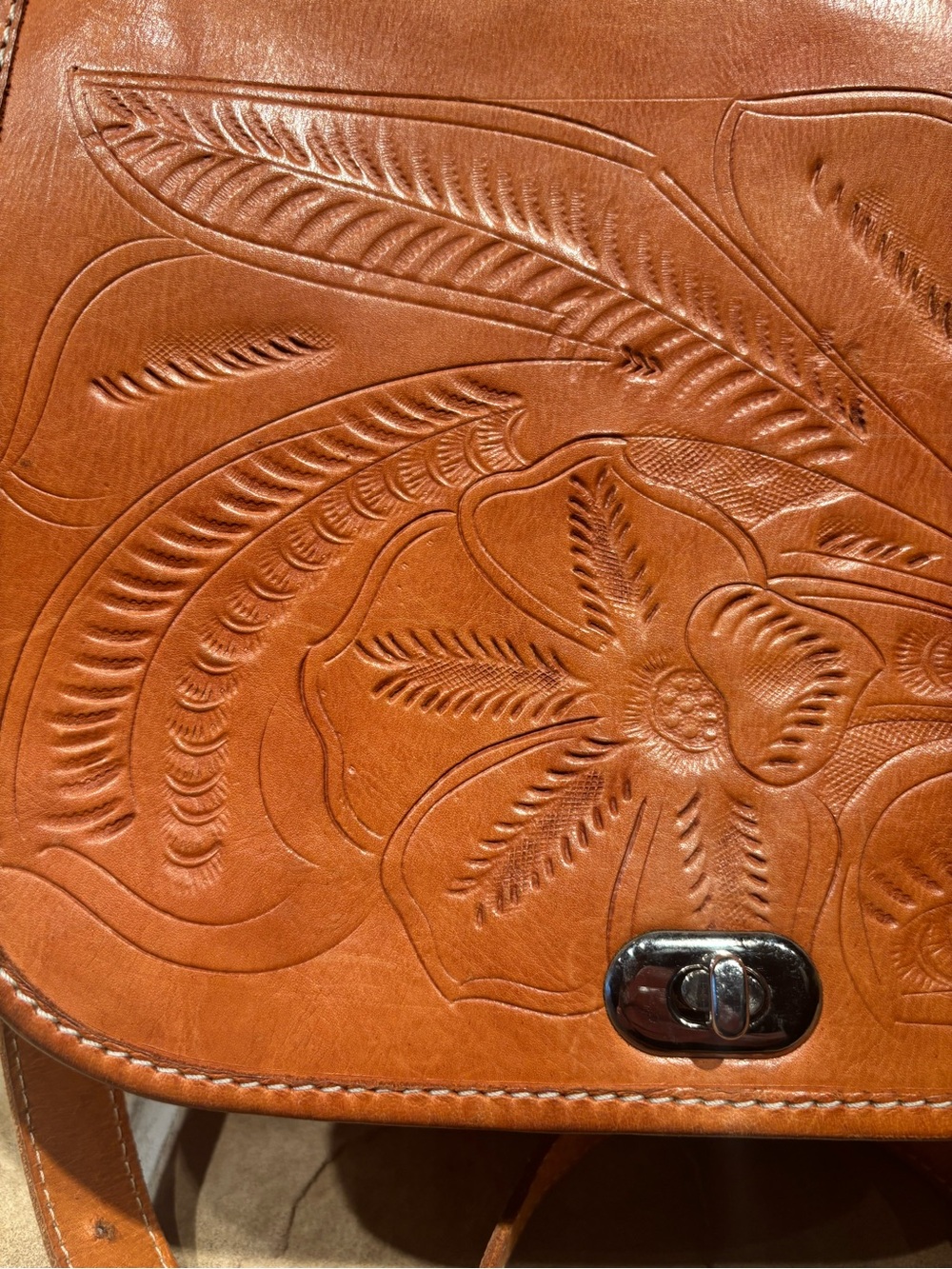 Sereno Vintage Tooled Leather Crossbody Bag in Caramel with Floral Design - Picture 3 of 13